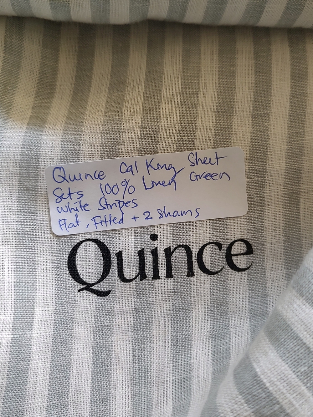 Queens Cal King Sheets Set 100% Linen Misty Blue White Stripes Flat Fitted Shams
